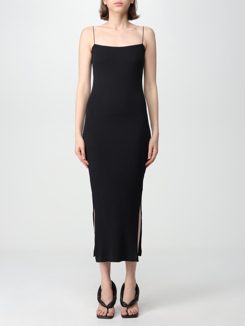Helmut Lang Ribbed Cotton Blend Midi Square Neck Tank Dress | Black | Medium